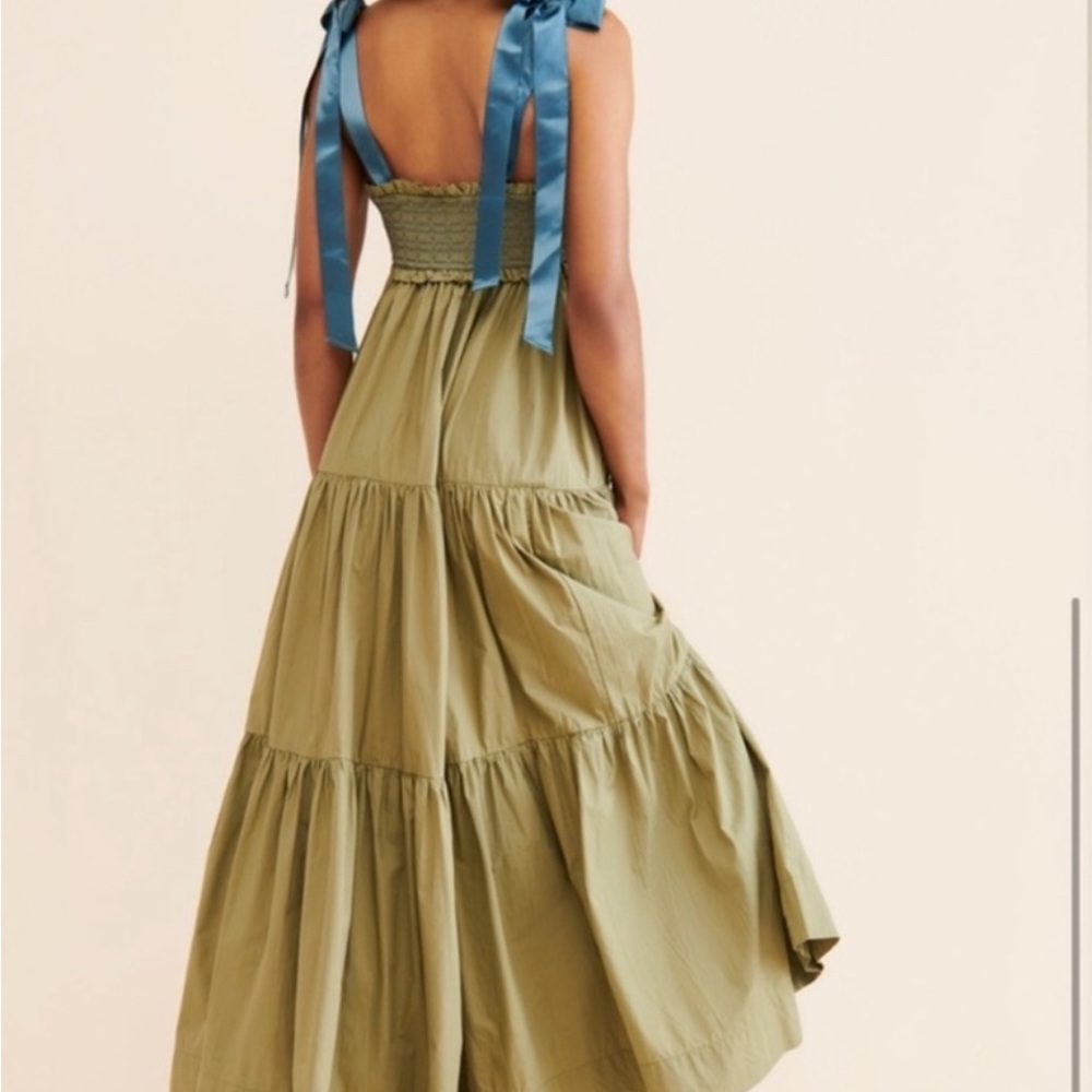 Free People Olive Tiered Maxi Dress with Blue Ribbon Straps